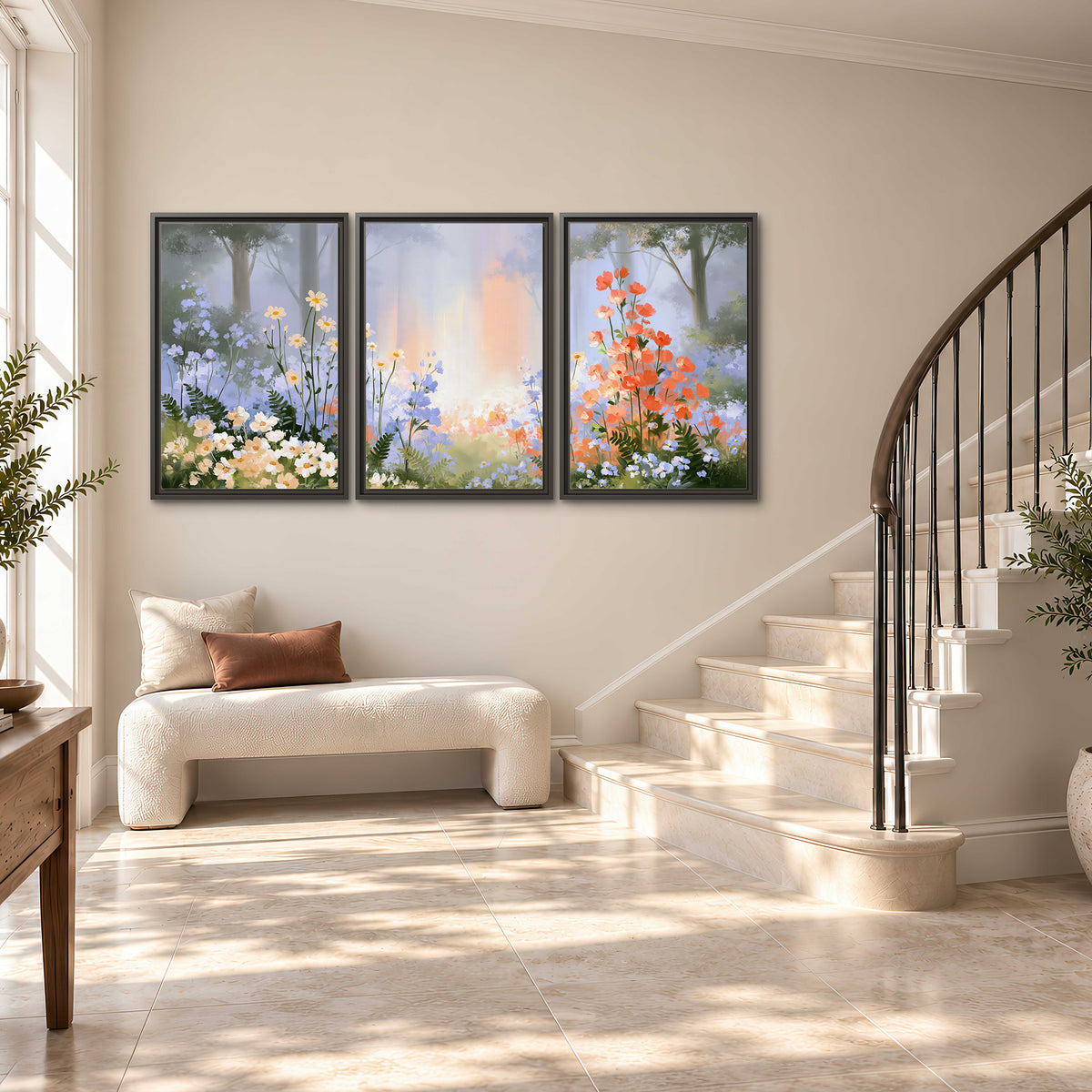 Colorful white, blue and orange flowers beneath a warm shaft of woodland light 3 piece framed canvas wall art styled in an interior