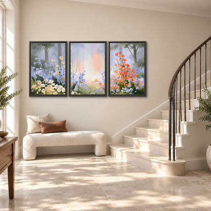 Colorful white, blue and orange flowers beneath a warm shaft of woodland light 3 piece framed canvas wall art styled in an interior
