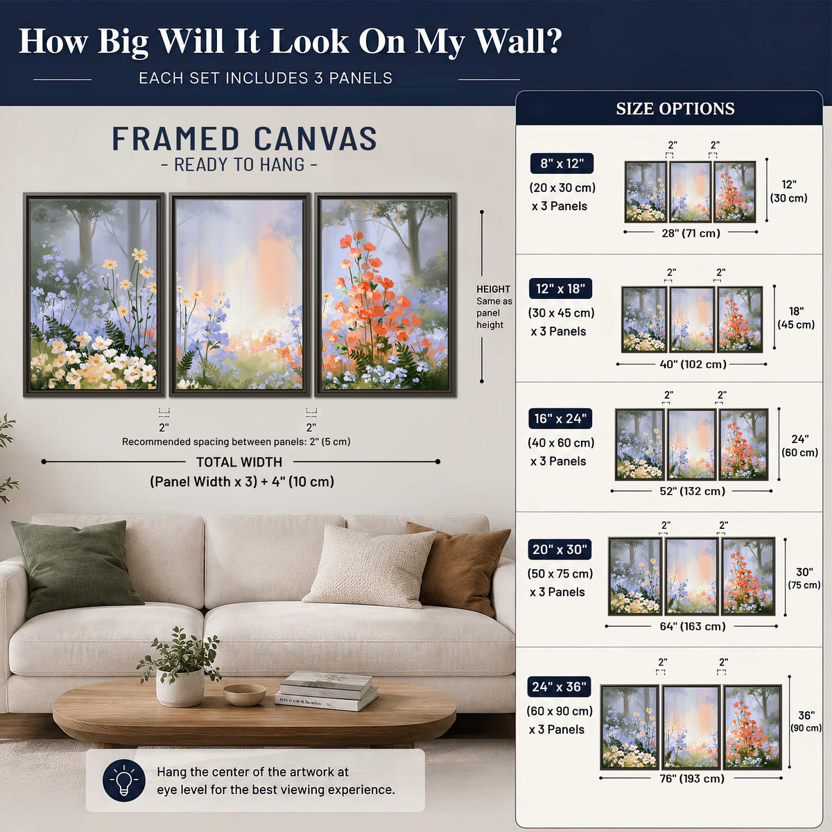 Colorful white, blue and orange flowers beneath a warm shaft of woodland light 3 piece framed canvas wall art size guide above a sofa; room view is illustrative