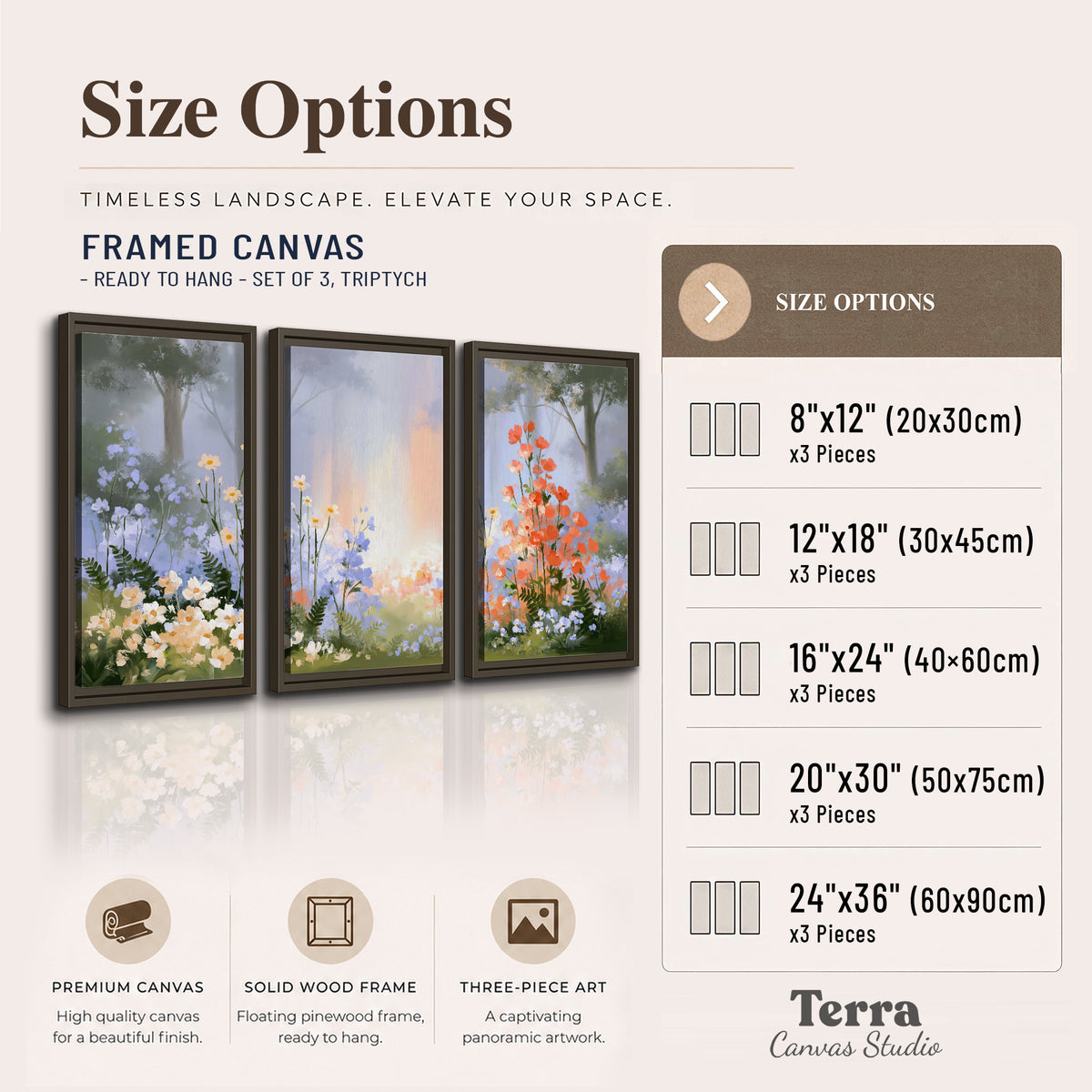 Colorful white, blue and orange flowers beneath a warm shaft of woodland light 3 piece framed canvas wall art available dimensions; triptych dimensions are per panel