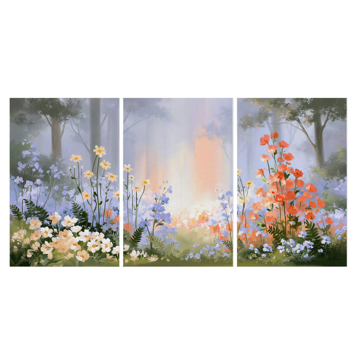 Colorful white, blue and orange flowers beneath a warm shaft of woodland light set of 3 poster prints viewed straight on
