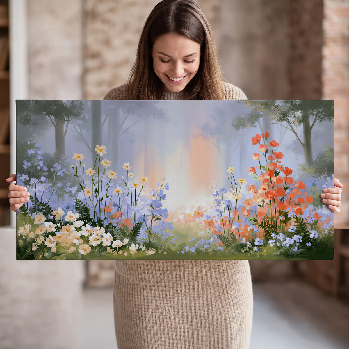 Colorful white, blue and orange flowers beneath a warm shaft of woodland light single canvas wall art held in hands