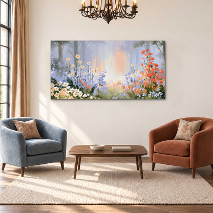 Colorful white, blue and orange flowers beneath a warm shaft of woodland light single canvas wall art styled in an interior