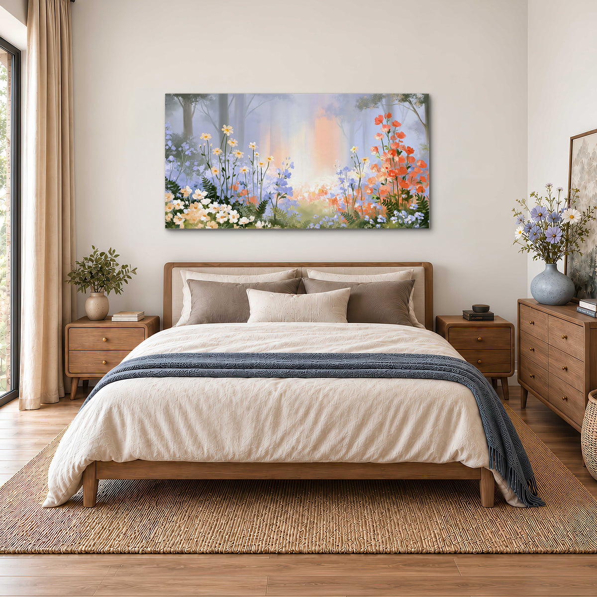 Colorful white, blue and orange flowers beneath a warm shaft of woodland light single canvas wall art styled in an interior