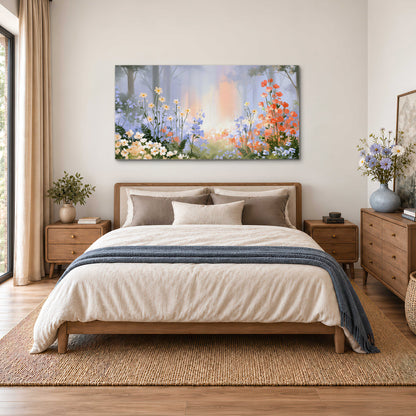 Colorful white, blue and orange flowers beneath a warm shaft of woodland light single canvas wall art styled in an interior