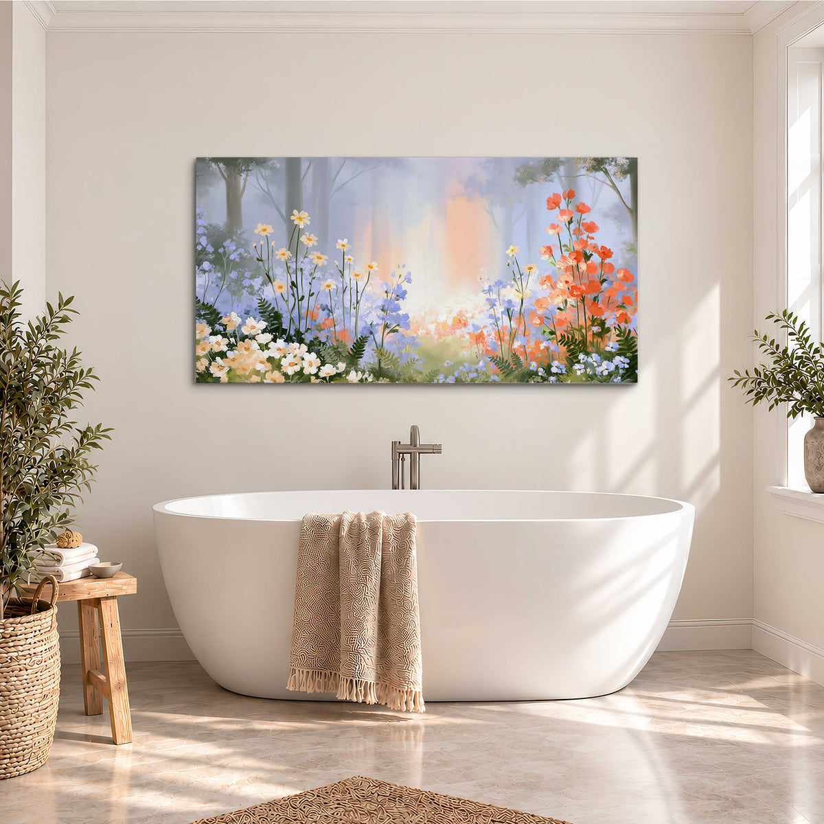 Colorful white, blue and orange flowers beneath a warm shaft of woodland light single canvas wall art styled in an interior
