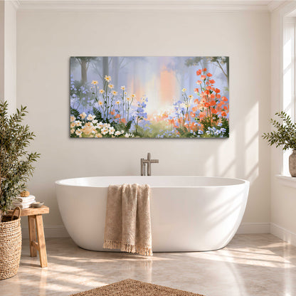Colorful white, blue and orange flowers beneath a warm shaft of woodland light single canvas wall art styled in an interior