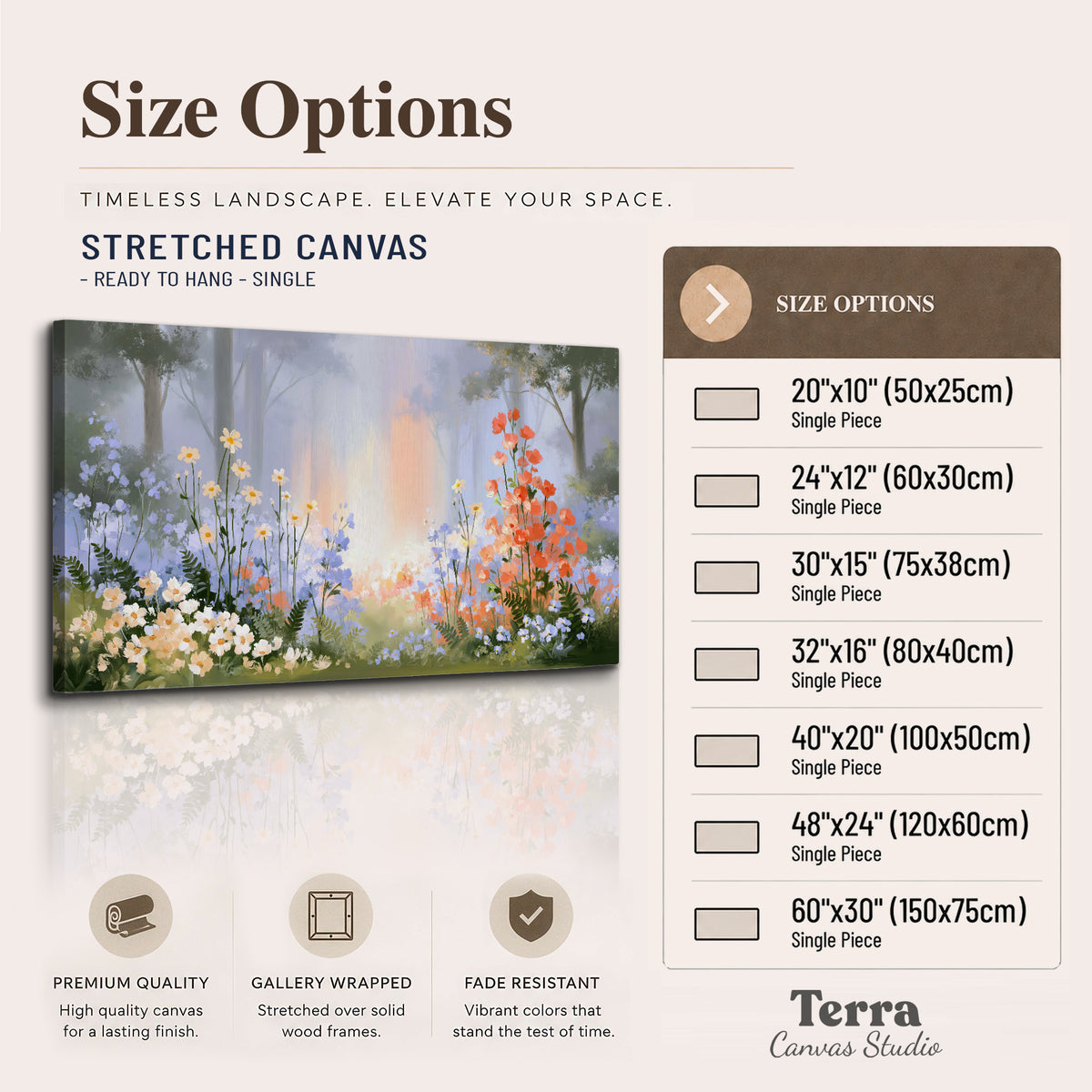 Colorful white, blue and orange flowers beneath a warm shaft of woodland light single canvas wall art available dimensions