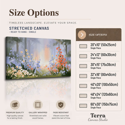 Colorful white, blue and orange flowers beneath a warm shaft of woodland light single canvas wall art available dimensions