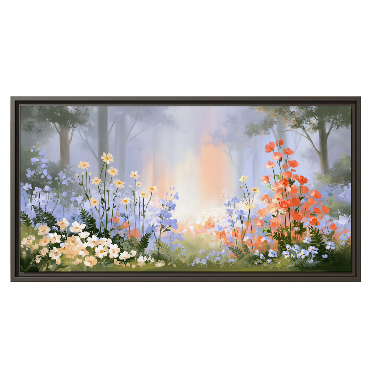 Colorful white, blue and orange flowers beneath a warm shaft of woodland light single framed canvas wall art viewed straight on