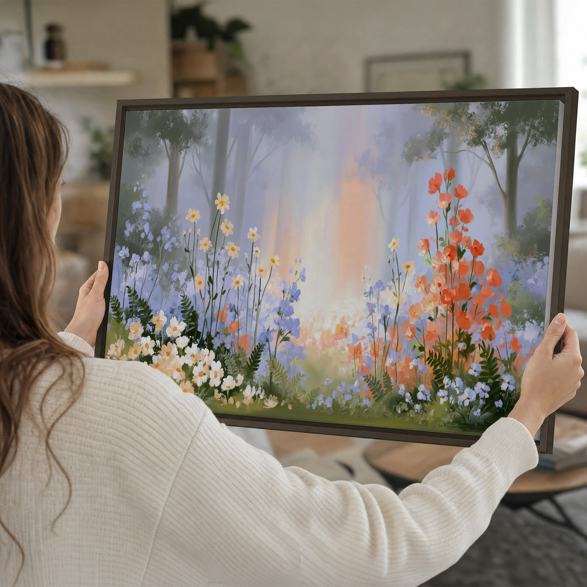 Colorful white, blue and orange flowers beneath a warm shaft of woodland light single framed canvas wall art held in hands