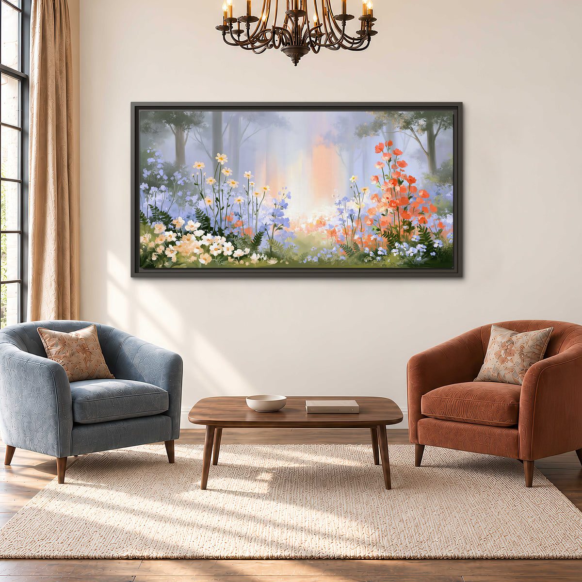 Colorful white, blue and orange flowers beneath a warm shaft of woodland light single framed canvas wall art styled in an interior