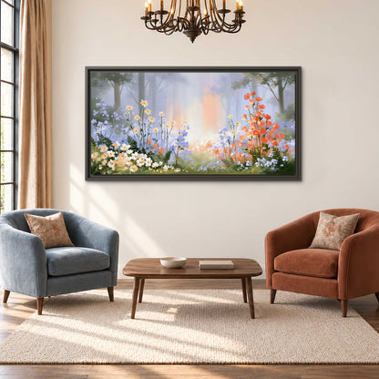 Colorful white, blue and orange flowers beneath a warm shaft of woodland light single framed canvas wall art styled in an interior