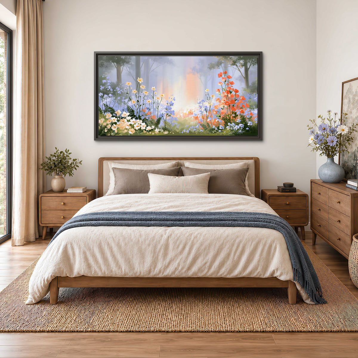 Colorful white, blue and orange flowers beneath a warm shaft of woodland light single framed canvas wall art styled in an interior