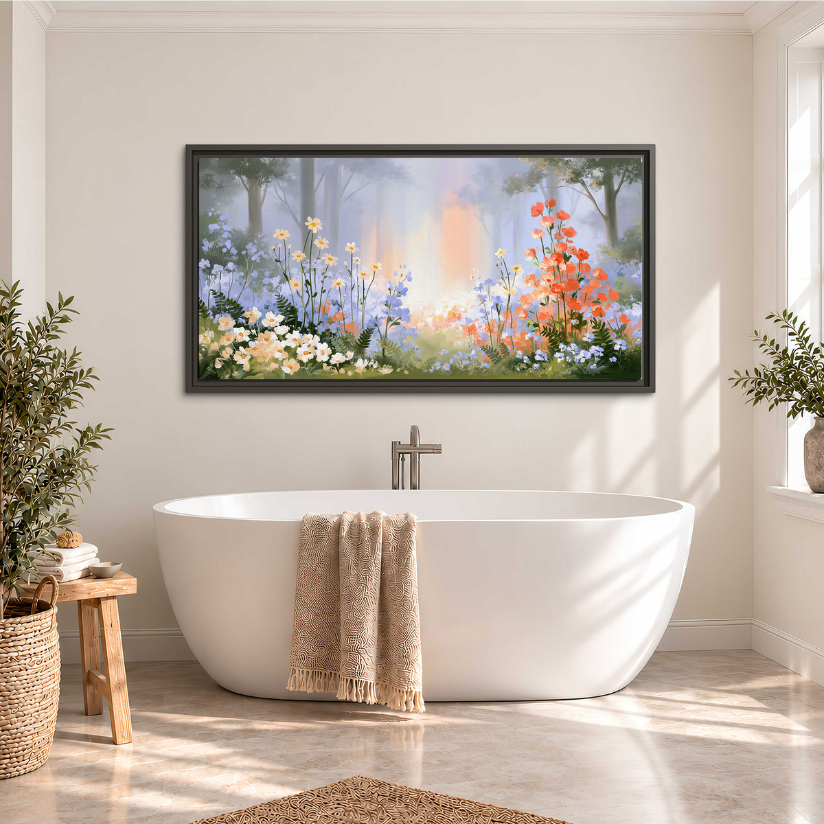 Colorful white, blue and orange flowers beneath a warm shaft of woodland light single framed canvas wall art styled in an interior