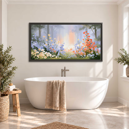 Colorful white, blue and orange flowers beneath a warm shaft of woodland light single framed canvas wall art styled in an interior