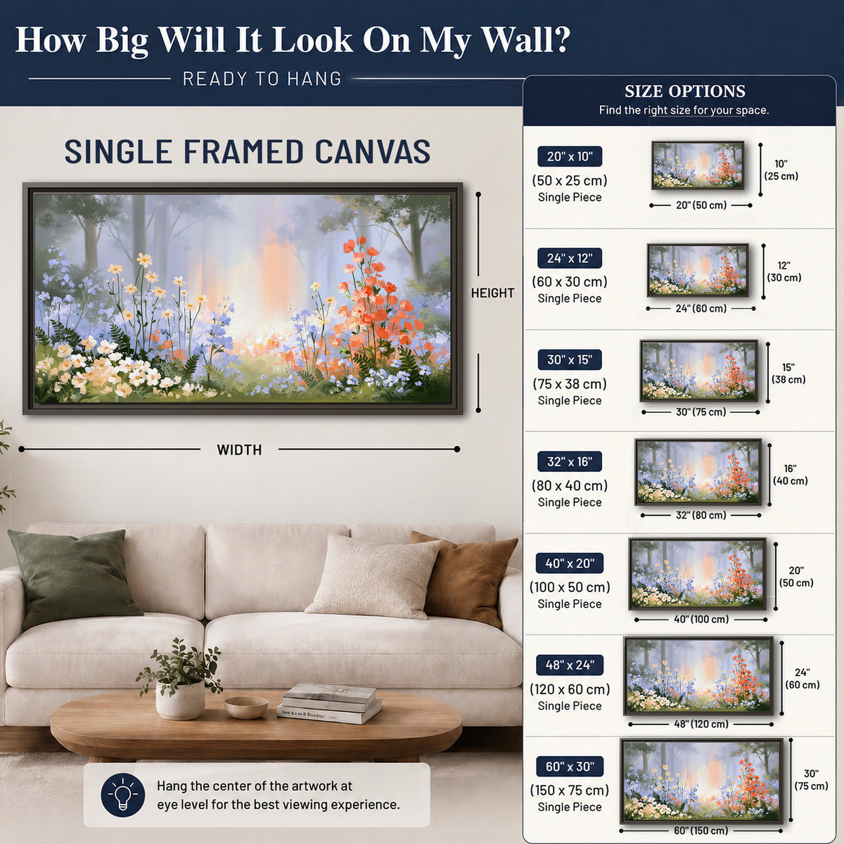 Colorful white, blue and orange flowers beneath a warm shaft of woodland light single framed canvas wall art size guide above a sofa; room view is illustrative