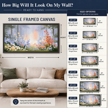 Colorful white, blue and orange flowers beneath a warm shaft of woodland light single framed canvas wall art size guide above a sofa; room view is illustrative