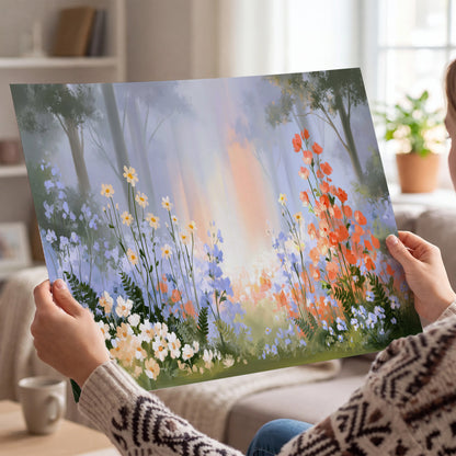 Colorful white, blue and orange flowers beneath a warm shaft of woodland light single poster print held in hands