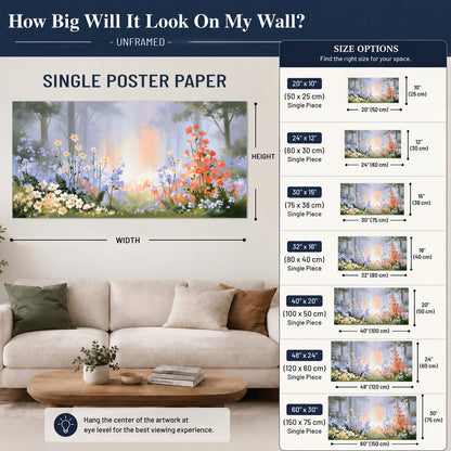 Colorful white, blue and orange flowers beneath a warm shaft of woodland light single poster print size guide above a sofa; room view is illustrative