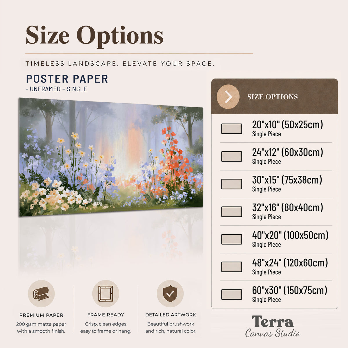Colorful white, blue and orange flowers beneath a warm shaft of woodland light single poster print available dimensions