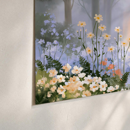 Colorful white, blue and orange flowers beneath a warm shaft of woodland light set of 3 poster prints material and edge close up