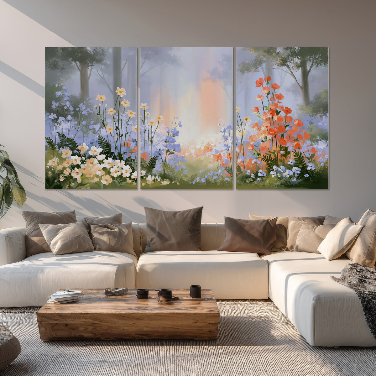 Colorful white, blue and orange flowers beneath a warm shaft of woodland light set of 3 poster prints displayed in a living room