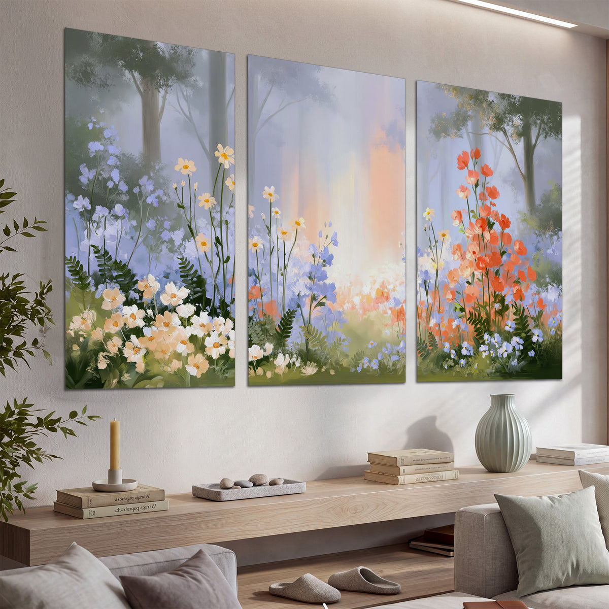 Colorful white, blue and orange flowers beneath a warm shaft of woodland light set of 3 poster prints displayed in a console