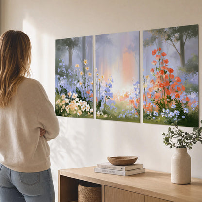 Colorful white, blue and orange flowers beneath a warm shaft of woodland light set of 3 poster prints three panel arrangement on a wall