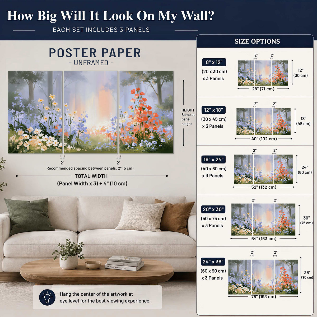 Colorful white, blue and orange flowers beneath a warm shaft of woodland light set of 3 poster prints size guide above a sofa; room view is illustrative