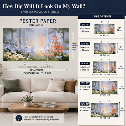 Colorful white, blue and orange flowers beneath a warm shaft of woodland light set of 3 poster prints size guide above a sofa; room view is illustrative
