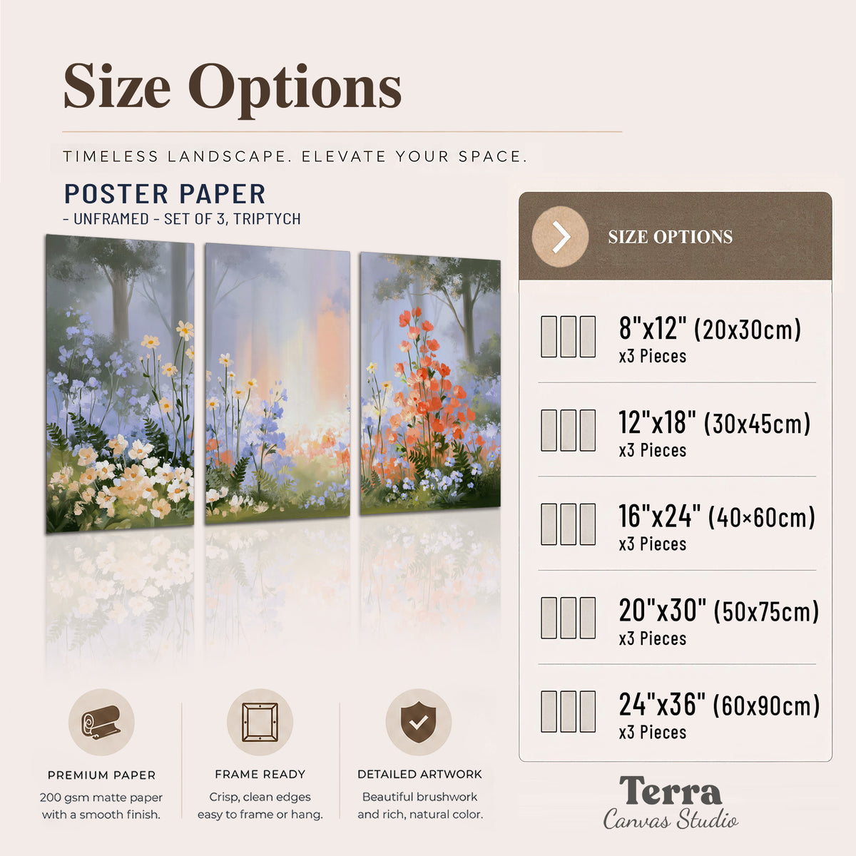Colorful white, blue and orange flowers beneath a warm shaft of woodland light set of 3 poster prints available dimensions; triptych dimensions are per panel