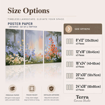 Colorful white, blue and orange flowers beneath a warm shaft of woodland light set of 3 poster prints available dimensions; triptych dimensions are per panel