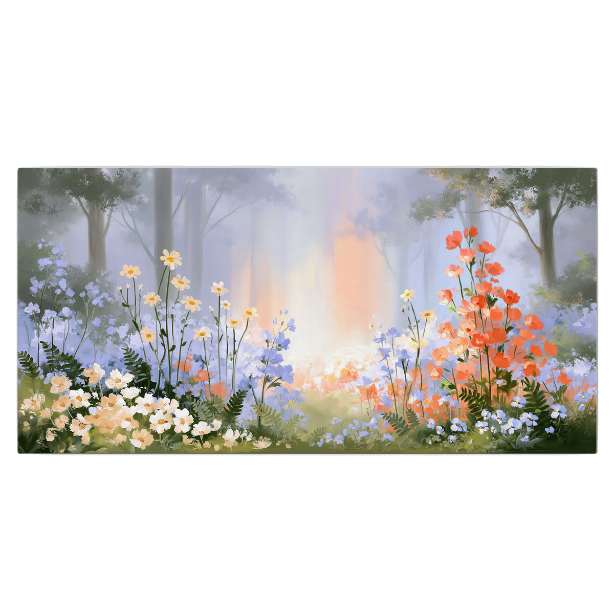 Colorful white, blue and orange flowers beneath a warm shaft of woodland light single canvas wall art viewed straight on