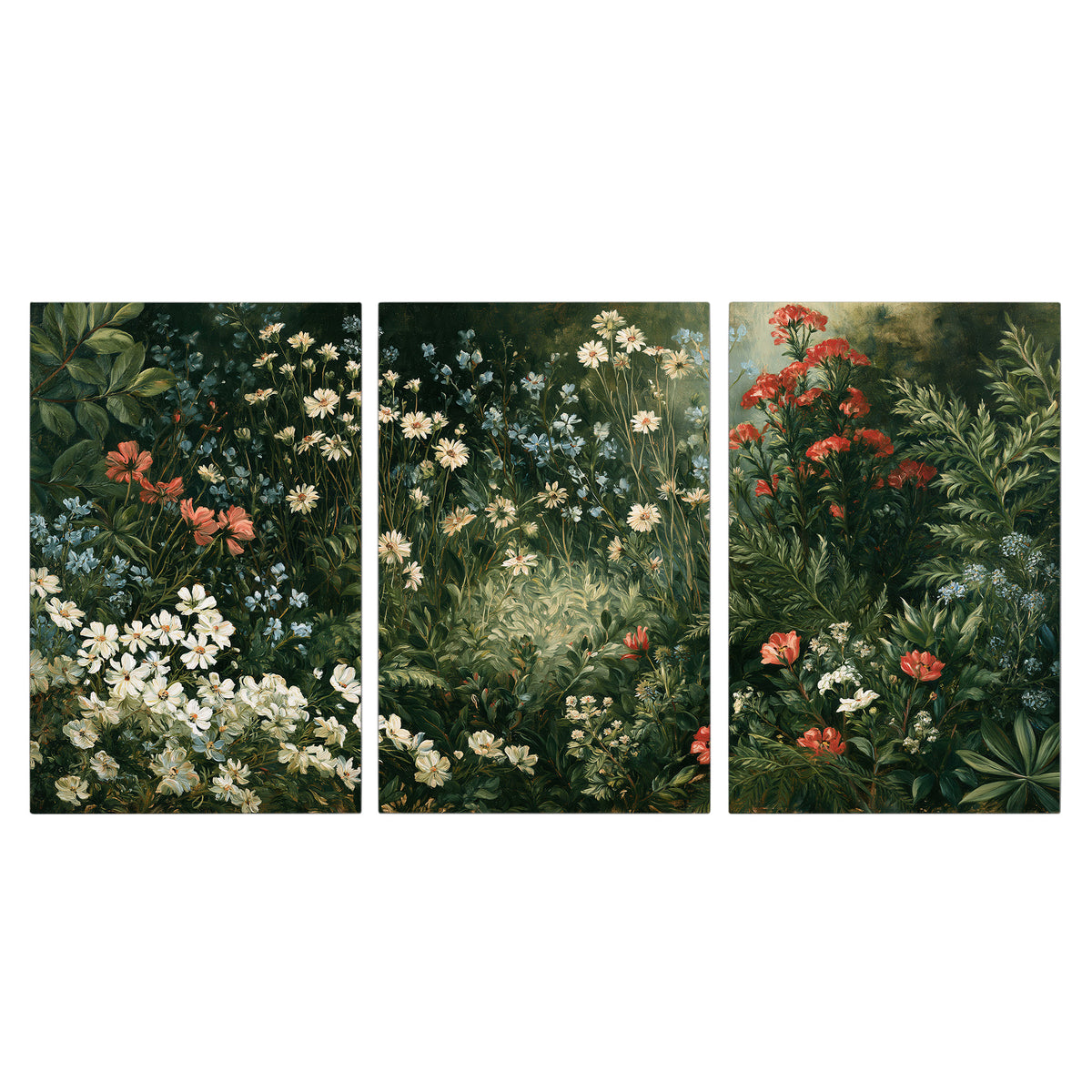 Small white flowers and red blossoms among deep green woodland leaves 3 piece canvas wall art viewed straight on