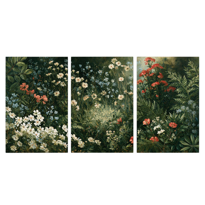Small white flowers and red blossoms among deep green woodland leaves 3 piece canvas wall art viewed straight on