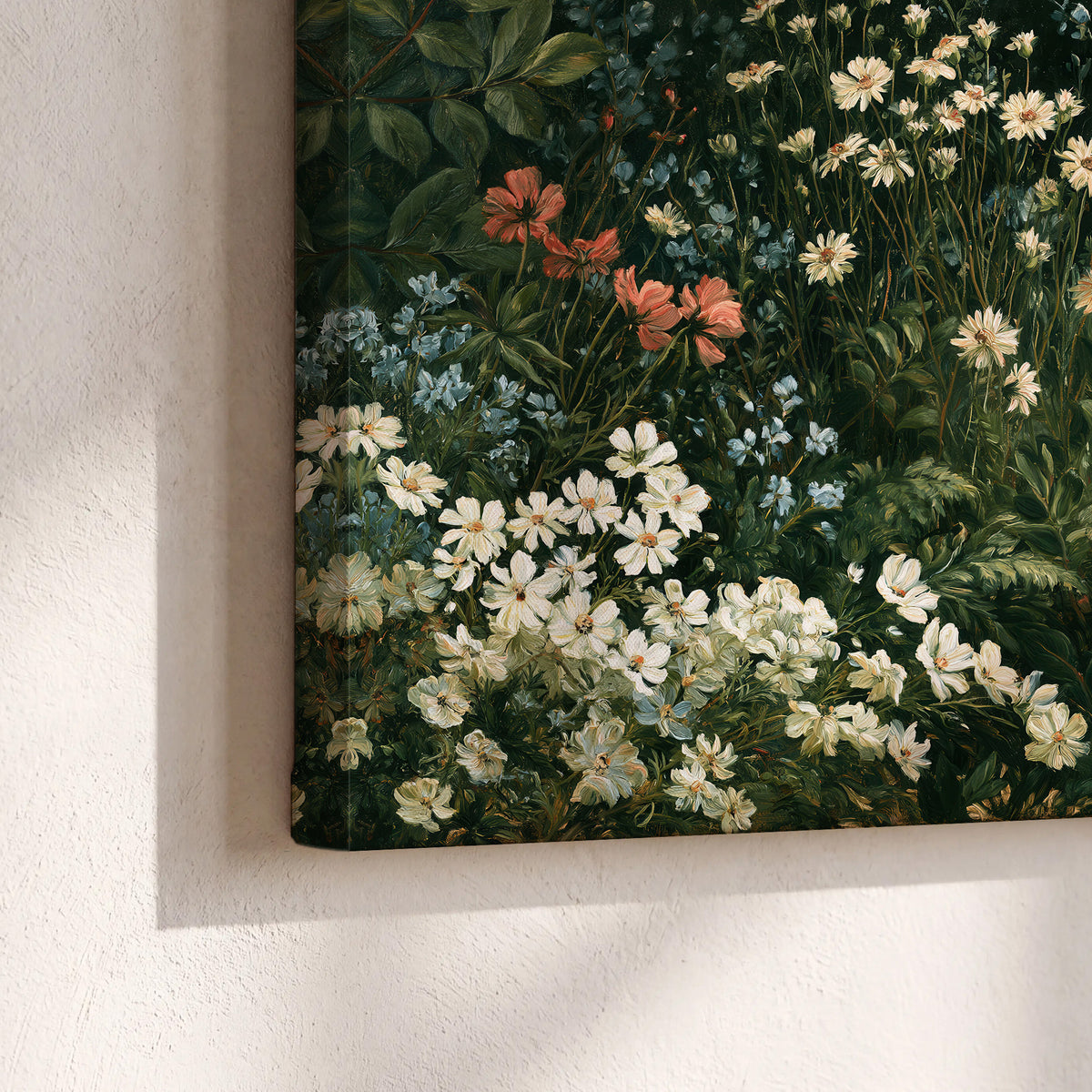 Small white flowers and red blossoms among deep green woodland leaves 3 piece canvas wall art material and edge close up