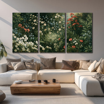 Small white flowers and red blossoms among deep green woodland leaves 3 piece canvas wall art displayed in a living room