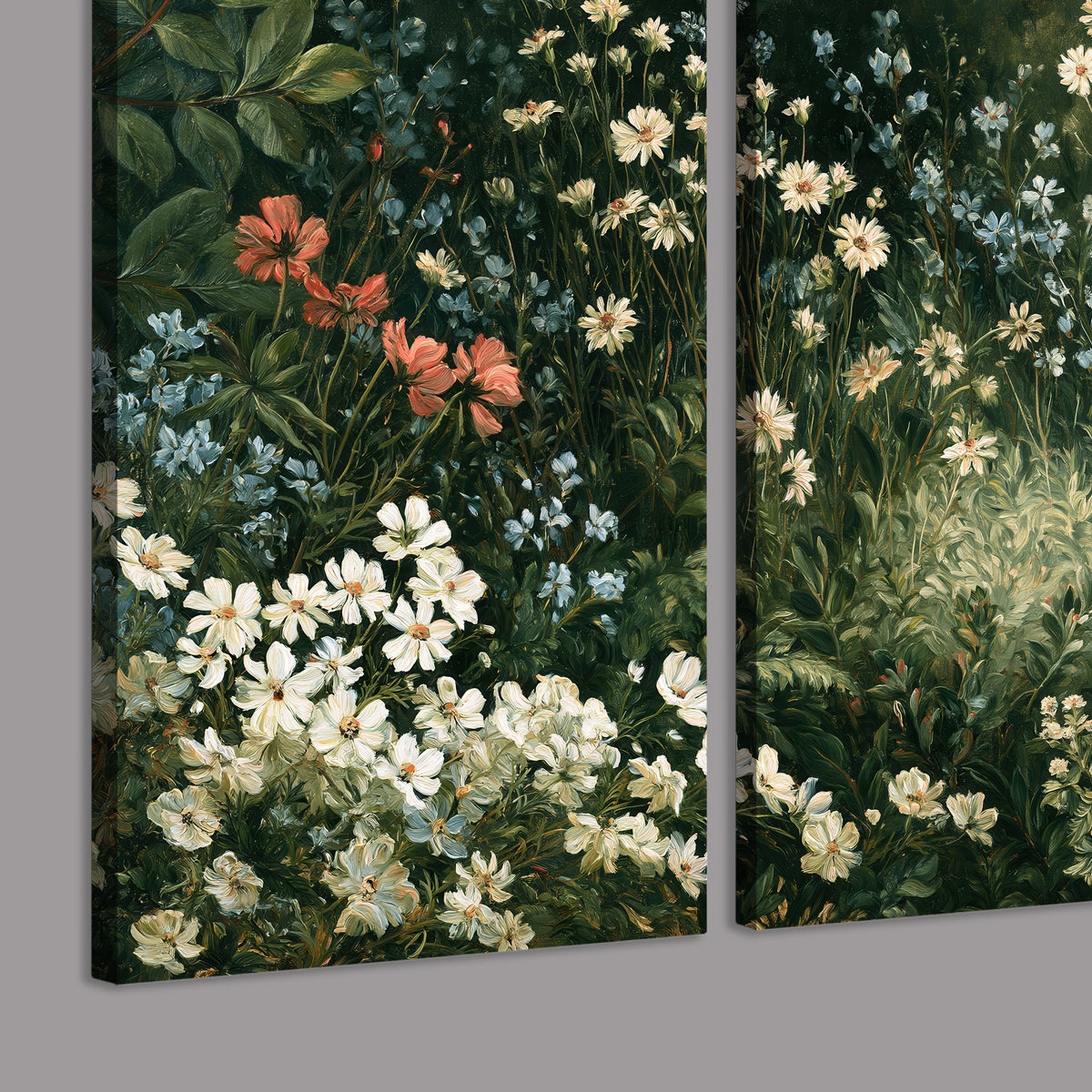 Small white flowers and red blossoms among deep green woodland leaves 3 piece canvas wall art room and product view