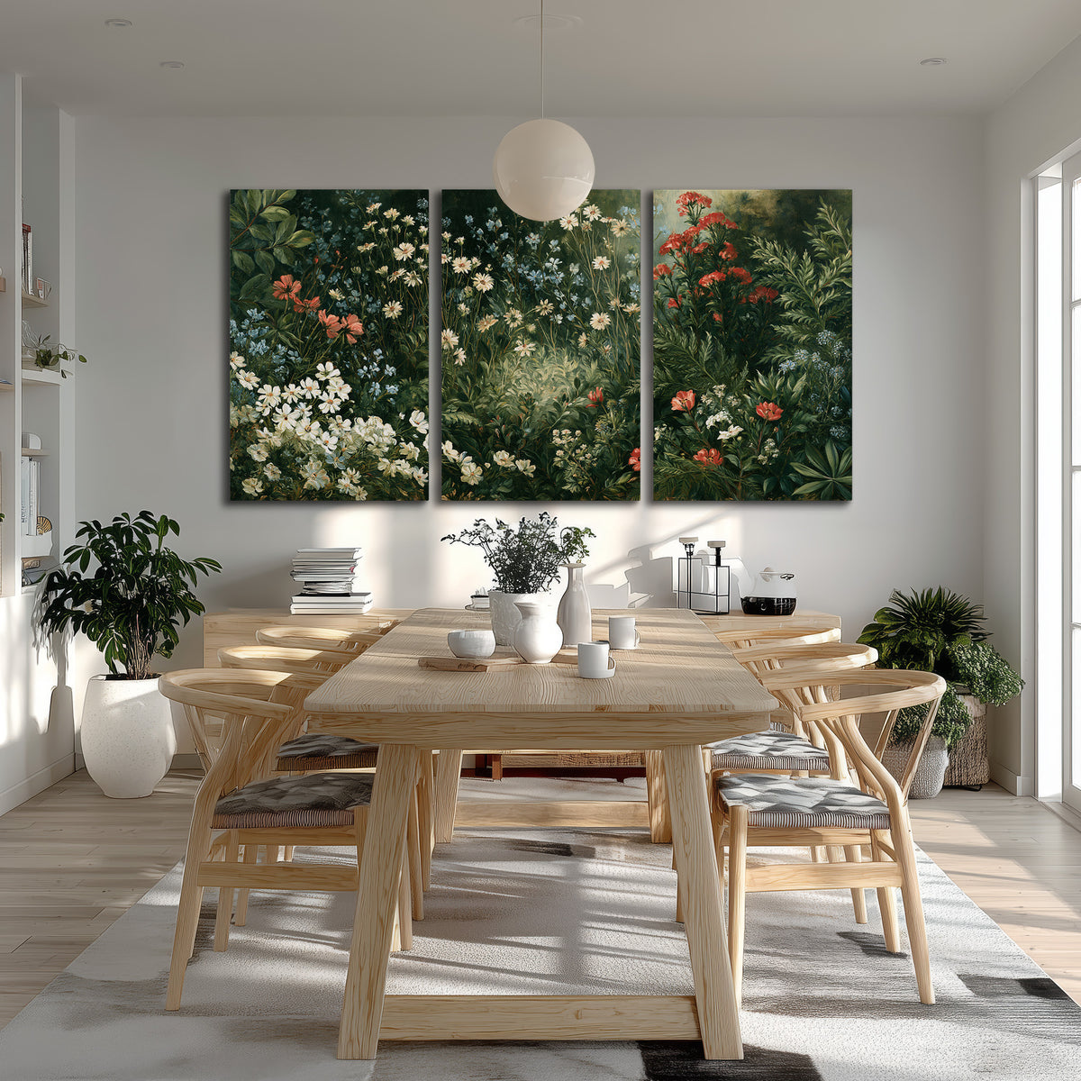 Small white flowers and red blossoms among deep green woodland leaves 3 piece canvas wall art room and product view