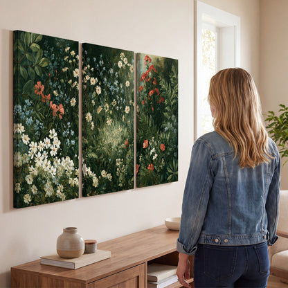 Small white flowers and red blossoms among deep green woodland leaves 3 piece canvas wall art three panel arrangement on a wall