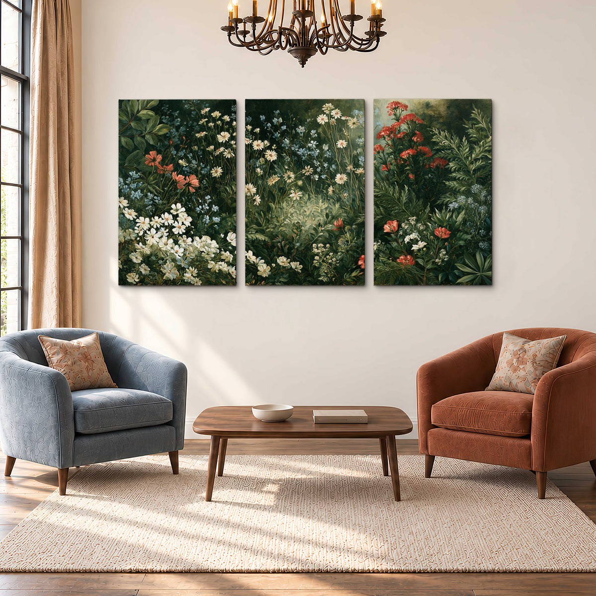 Small white flowers and red blossoms among deep green woodland leaves 3 piece canvas wall art styled in an interior