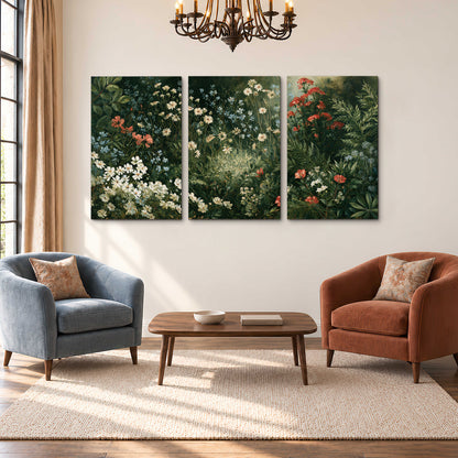 Small white flowers and red blossoms among deep green woodland leaves 3 piece canvas wall art styled in an interior