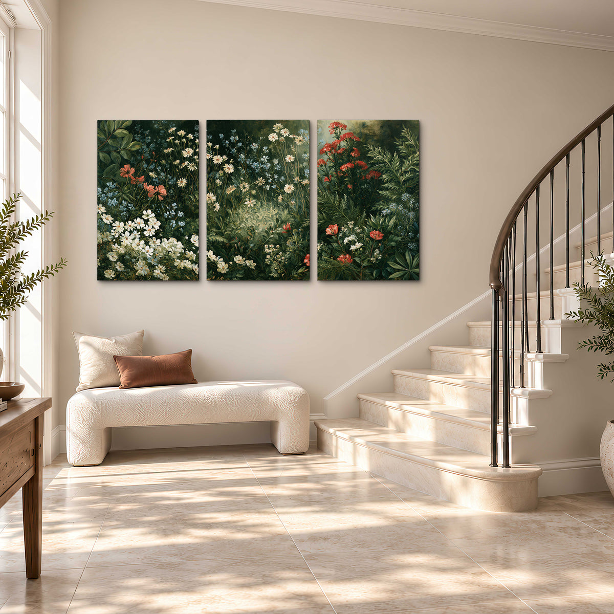 Small white flowers and red blossoms among deep green woodland leaves 3 piece canvas wall art styled in an interior