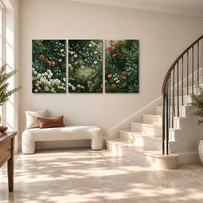 Small white flowers and red blossoms among deep green woodland leaves 3 piece canvas wall art styled in an interior