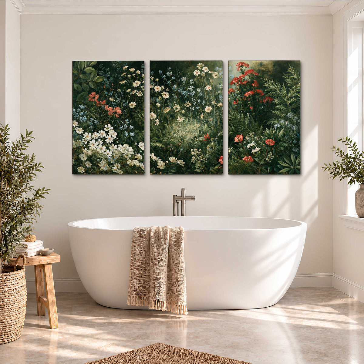 Small white flowers and red blossoms among deep green woodland leaves 3 piece canvas wall art styled in an interior