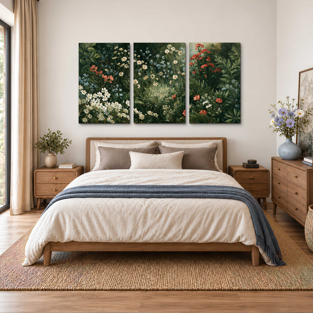 Small white flowers and red blossoms among deep green woodland leaves 3 piece canvas wall art styled in an interior