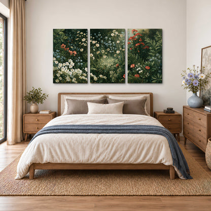 Small white flowers and red blossoms among deep green woodland leaves 3 piece canvas wall art styled in an interior