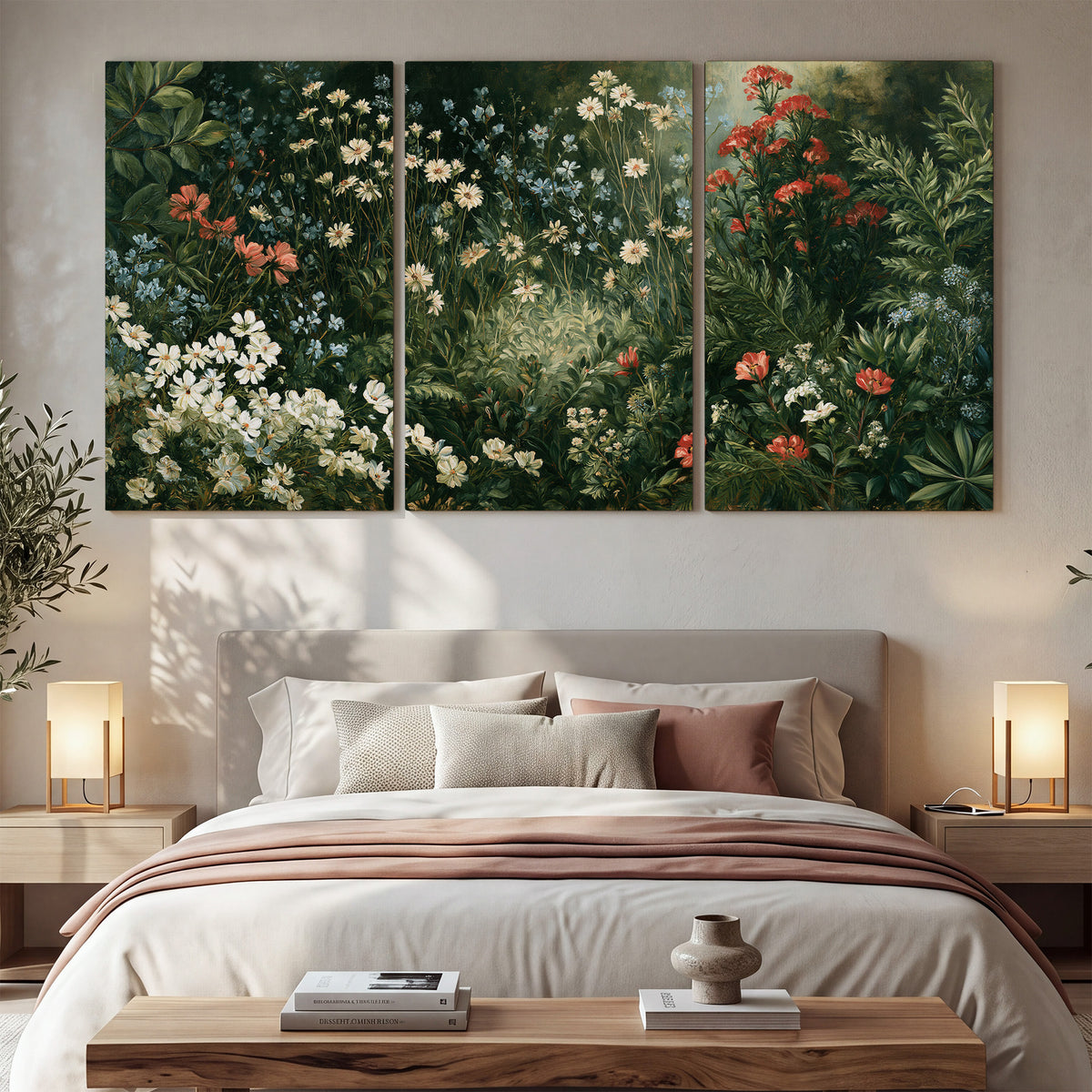 Small white flowers and red blossoms among deep green woodland leaves 3 piece canvas wall art displayed in a bedroom