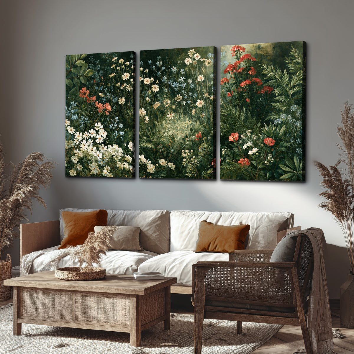 Small white flowers and red blossoms among deep green woodland leaves 3 piece canvas wall art displayed in a rustic living room